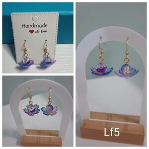 Lotus Flower Earrings Blue Purple Gold Petals with Crackle Glass Beads